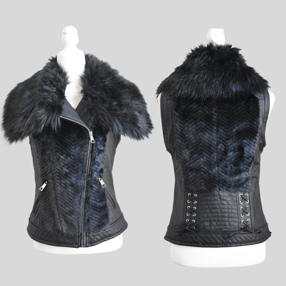 GUESS Posh Black Faux Leather Fur Vest Zip Up Tie Back Size S